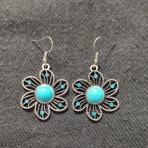 Silver Tone Blue Faux Turquoise Rhinestone Floral Dangle Statement Earrings